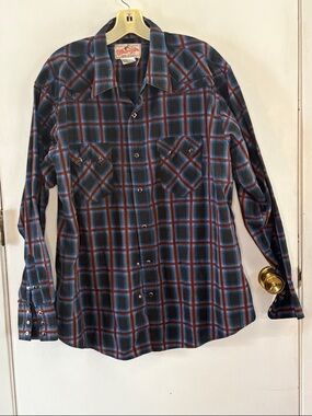Wrangler blue brown plaid long sleeve button down western shirt Size XXL